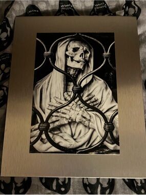 Gothic Skeletal Hooded Figure Art Print in Black and White